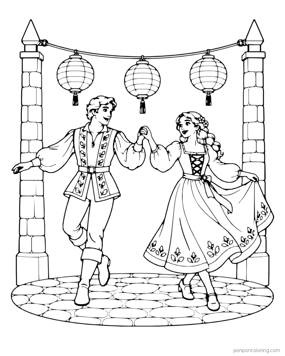 Two adults dancing together on courtyard stones beneath three hanging lanterns between pillars.