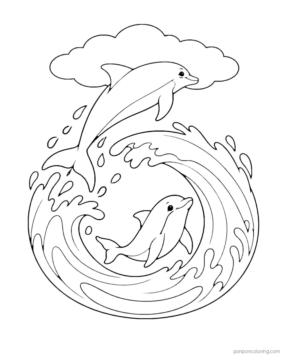 One dolphin leaps above a curling wave while a smaller dolphin swims within its open center beneath a cloud.