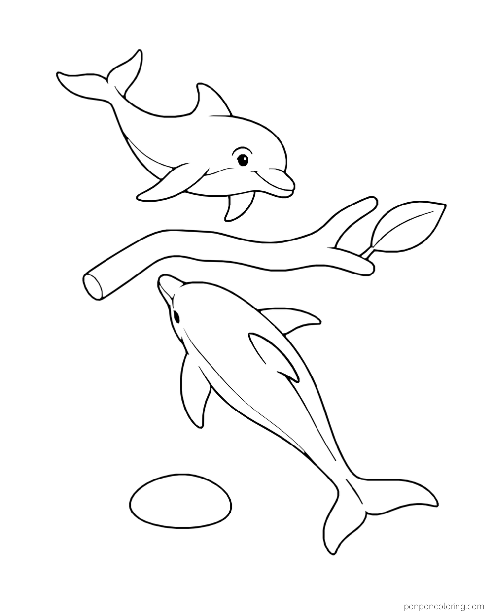 Two dolphins swim on opposite sides of a thick branch with one leaf, above a smooth oval stone.