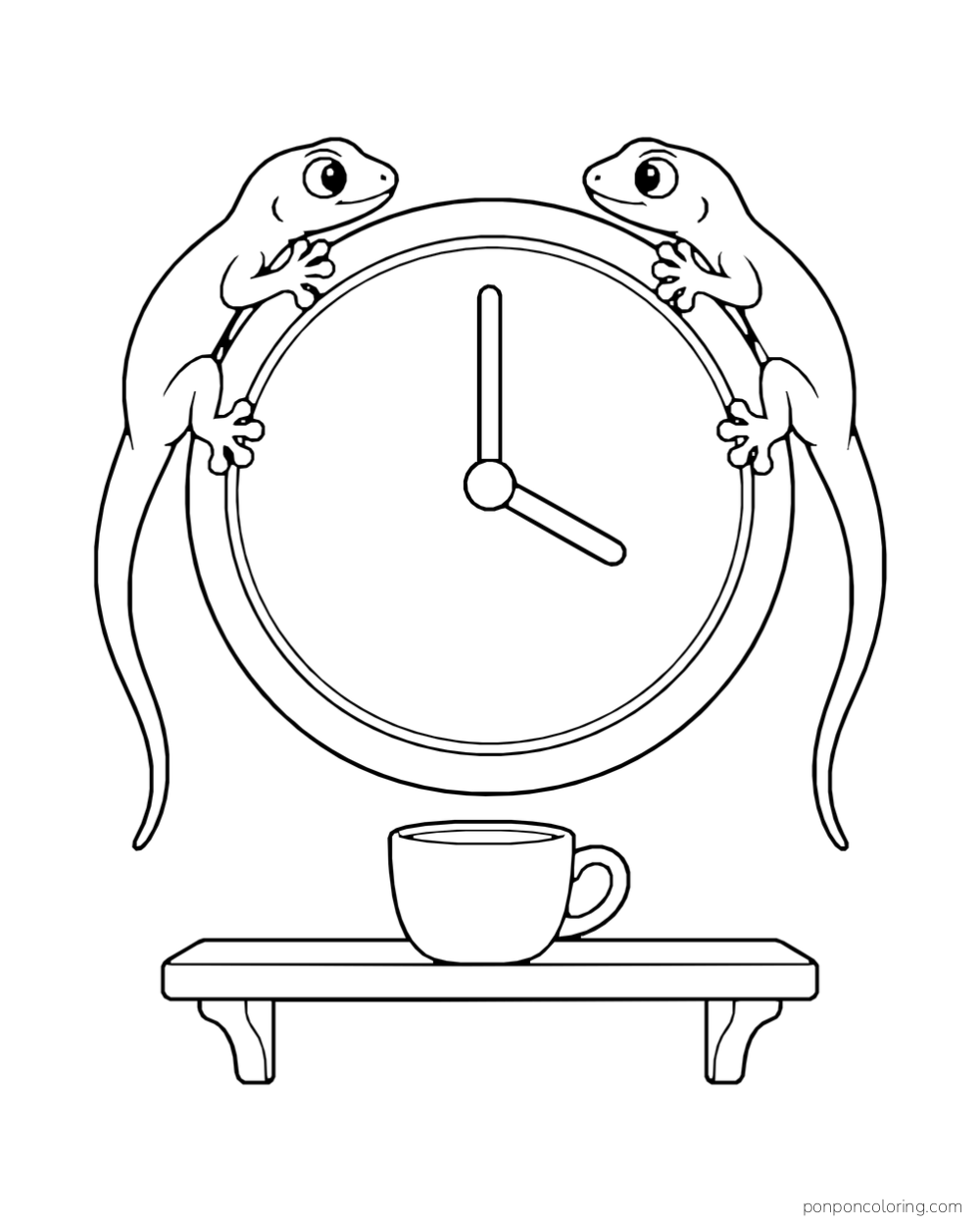 Two geckos cling to opposite sides of a round clock, with a cup on the short shelf below.