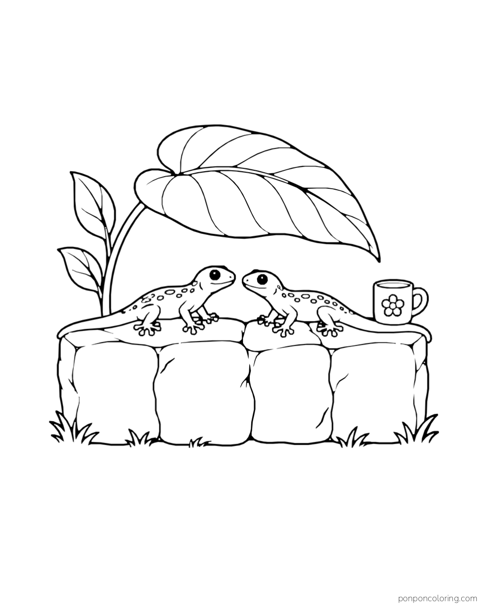 Two geckos face one another on a low stone wall beneath a broad leaf, with a mug at one end.