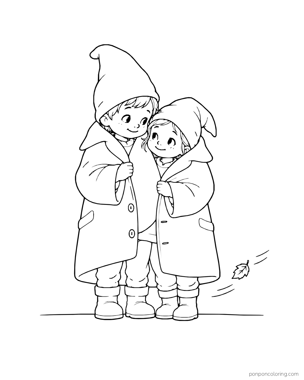 Two small gnomes standing close in oversized coats as a leaf blows past.