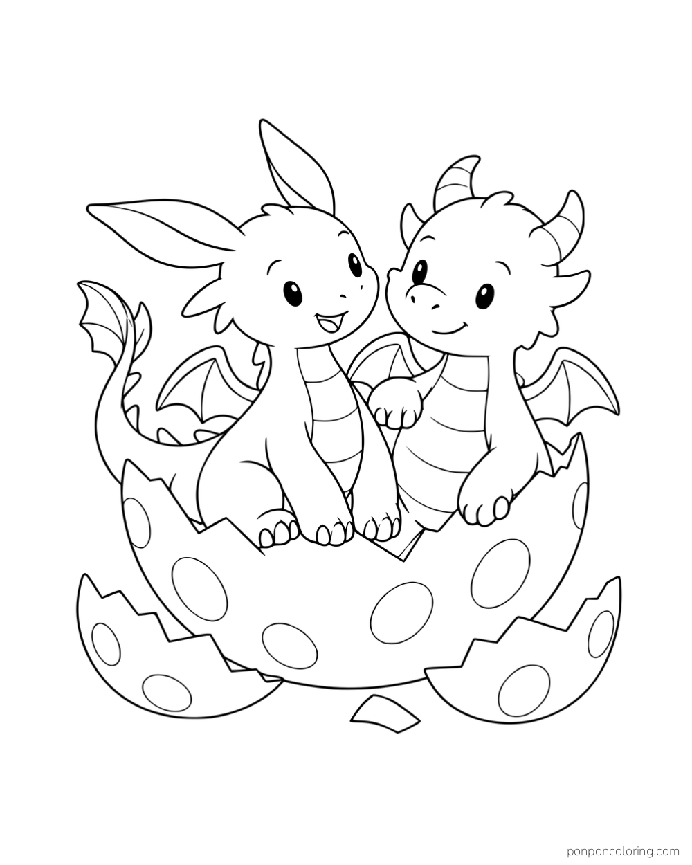 Two different baby dragons sitting together in a cracked spotted eggshell.