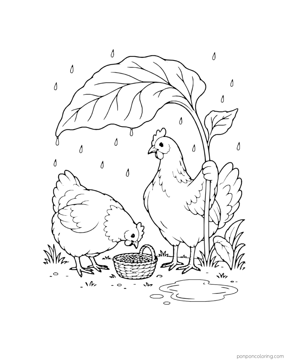 Two hens beside a seed basket under a large leaf during a light rain