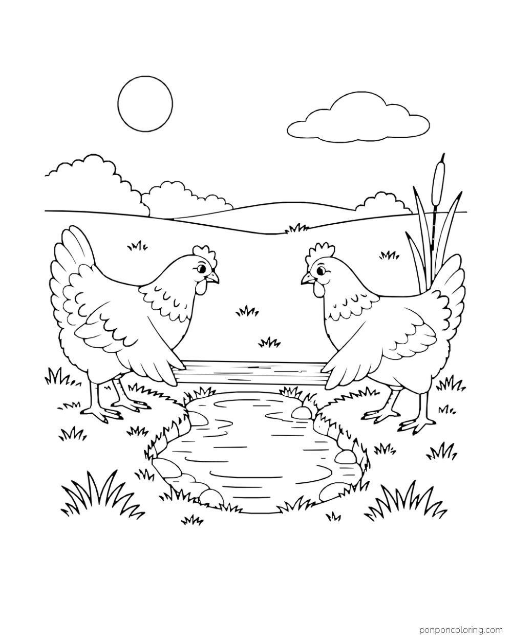Two hens holding a short wooden plank across a small creek