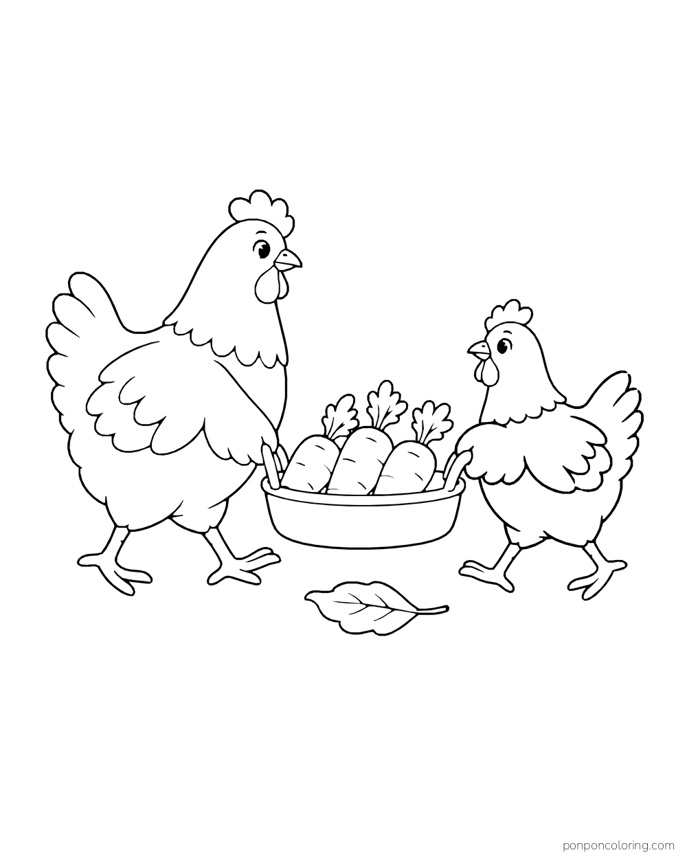 Two adult hens holding a large bowl filled with carrots