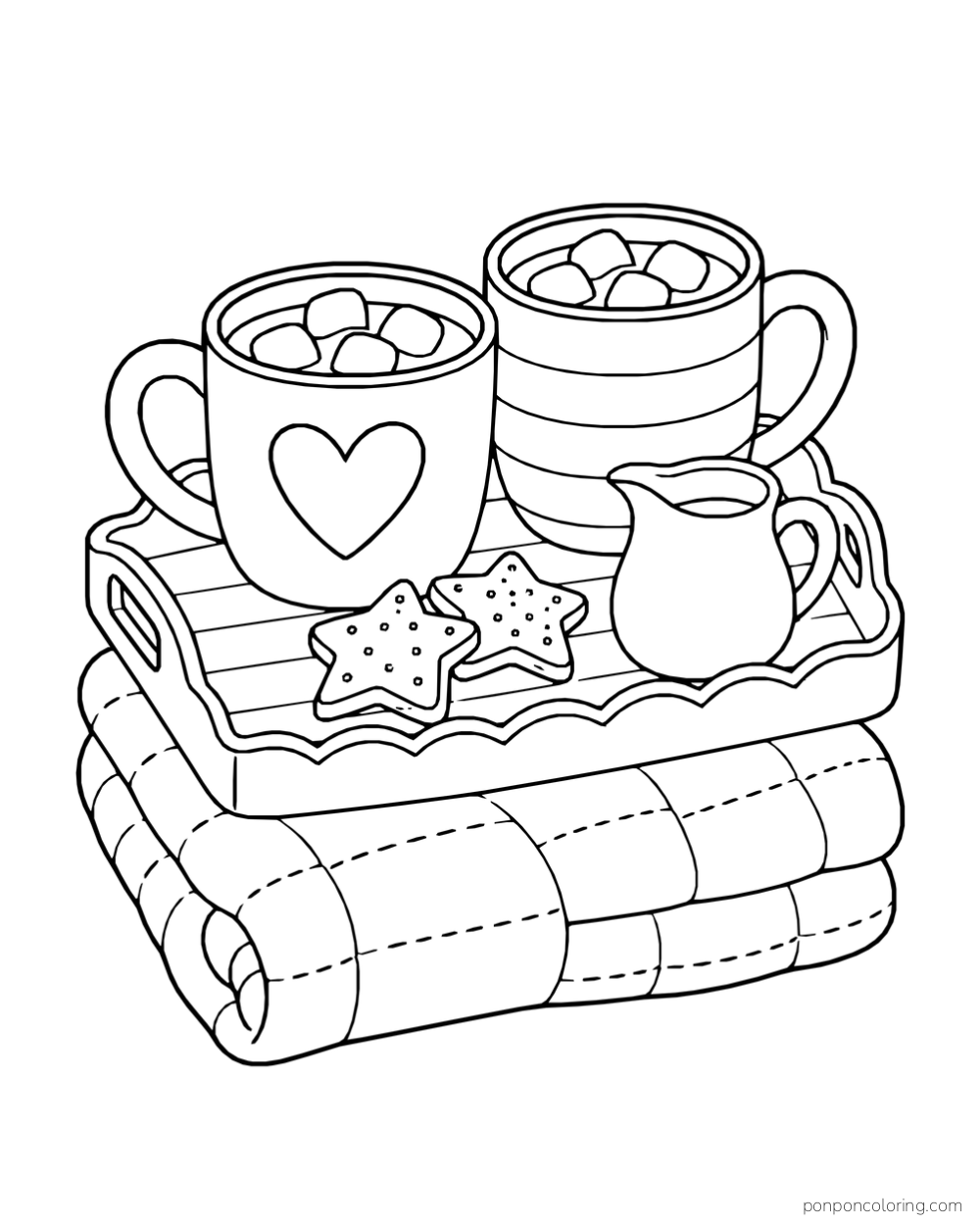 Two mugs of hot chocolate with marshmallows sit on a scalloped tray with a milk jug and two star cookies, above a folded quilt.