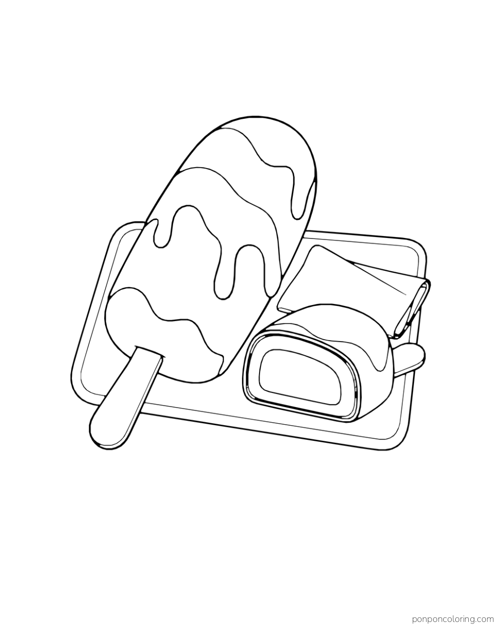 A coated ice cream bar and a cutaway half rest on a tray beside a folded napkin.