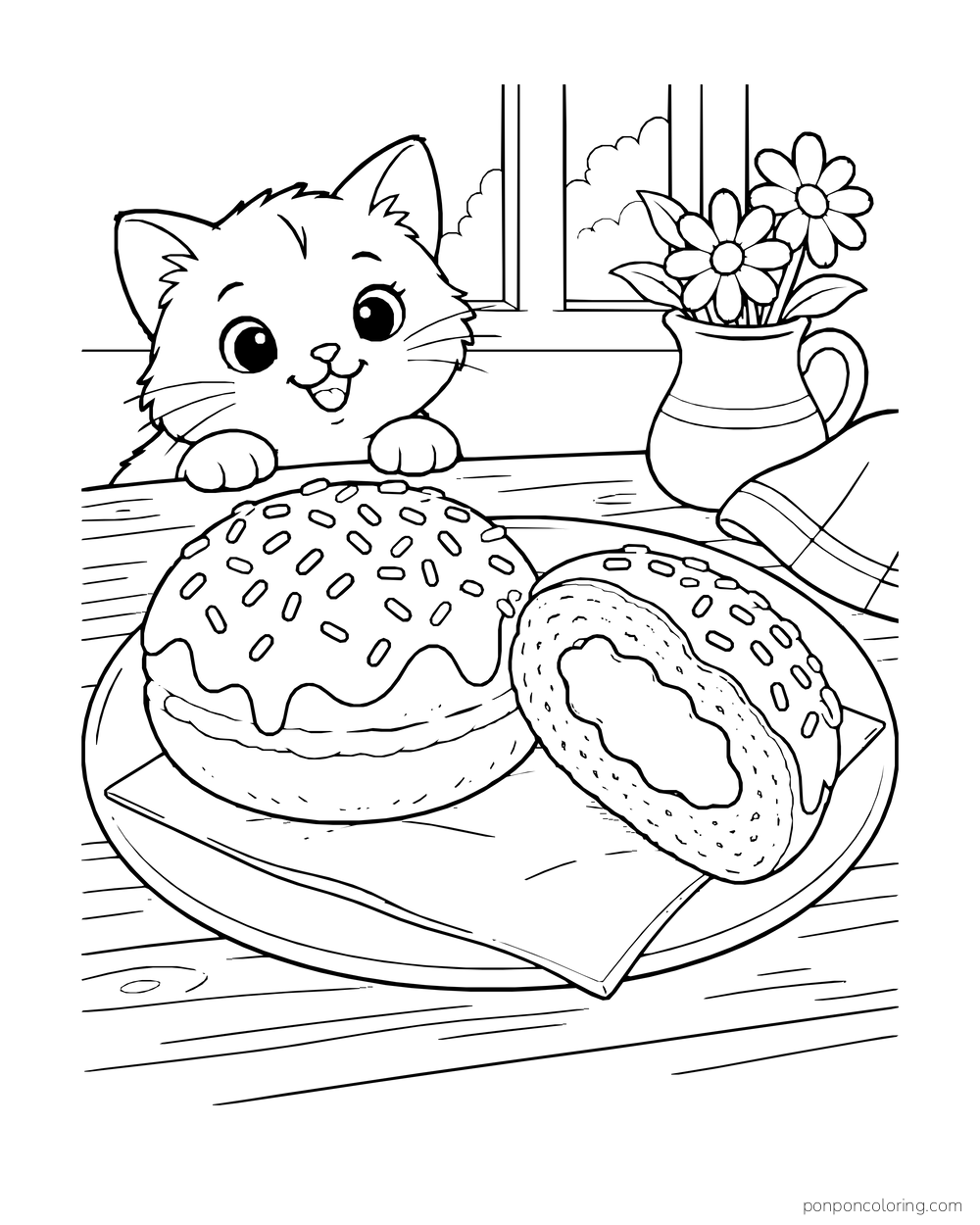 A kitten watches two glazed doughnuts, one cut open to show a jam pocket.