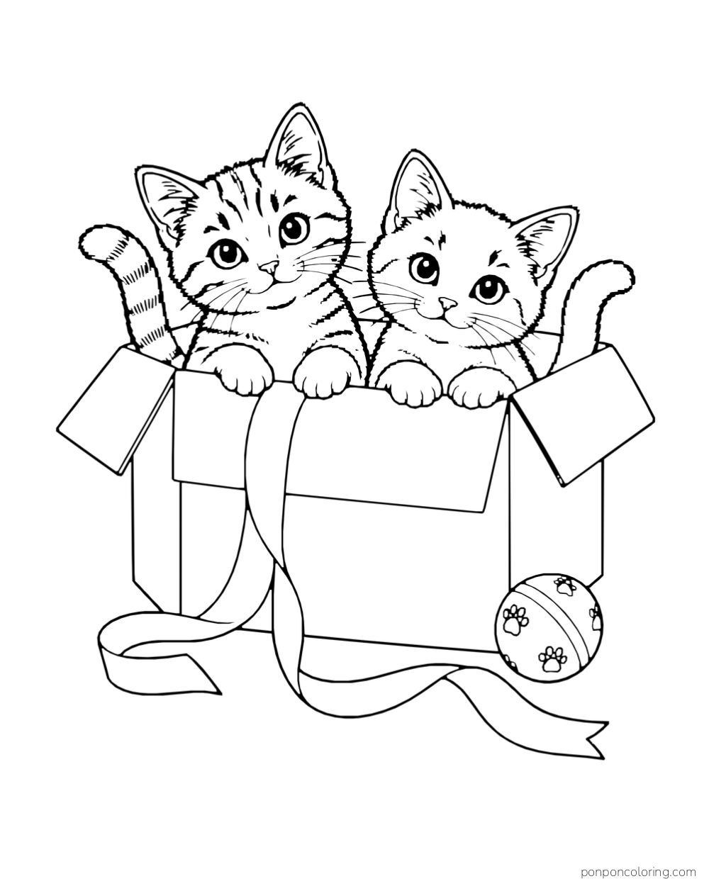 Two kittens peek from a cardboard box beside a loose ribbon and a small patterned ball.