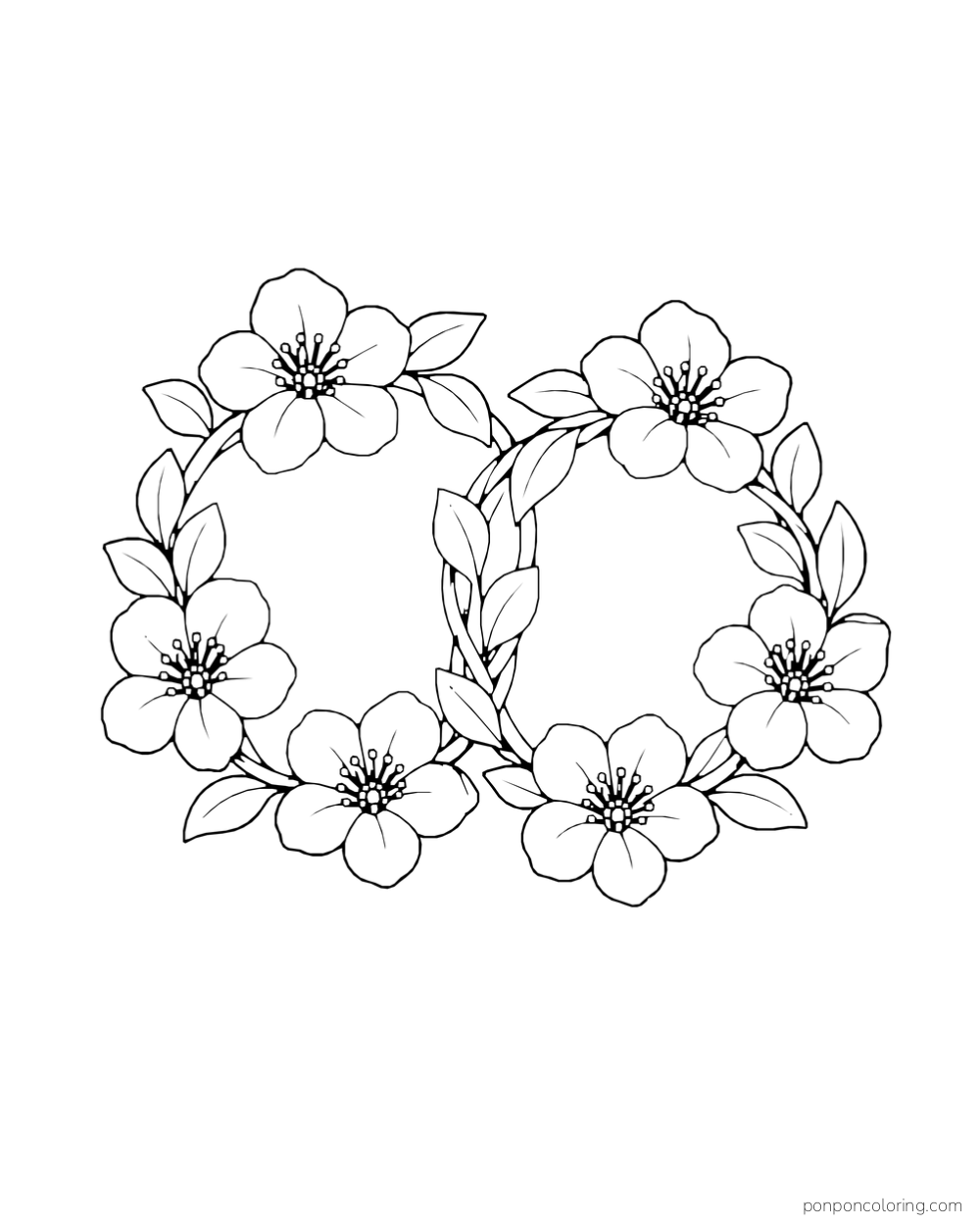 Two overlapping oval wreaths are decorated with broad-petaled flowers and pointed leaves.