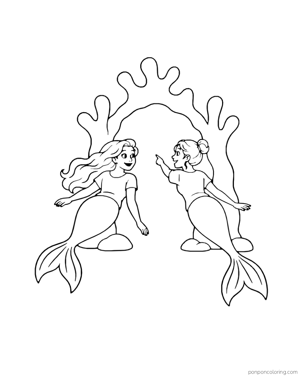 Two mermaid friends swim beneath a broad coral arch while one gestures toward the opening.