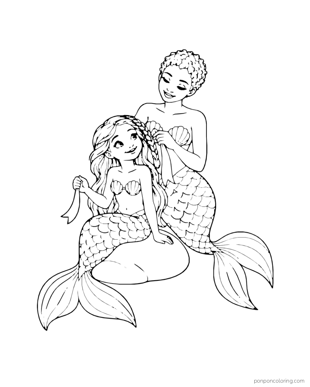 One mermaid braids a ribbon into another mermaid's hair as they sit on a stone.