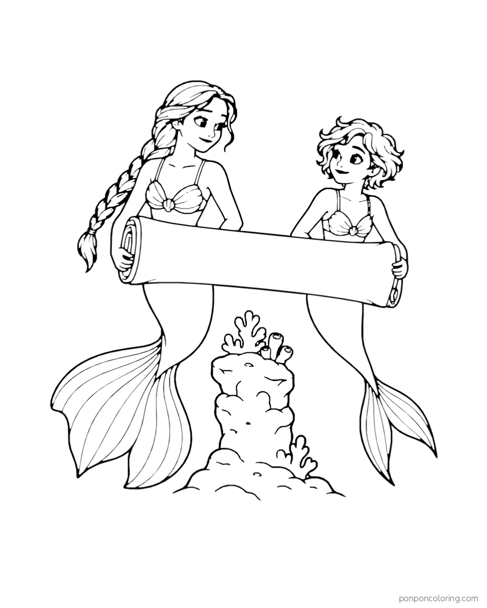 Two mermaids carry an open blank scroll past a tall coral pillar.