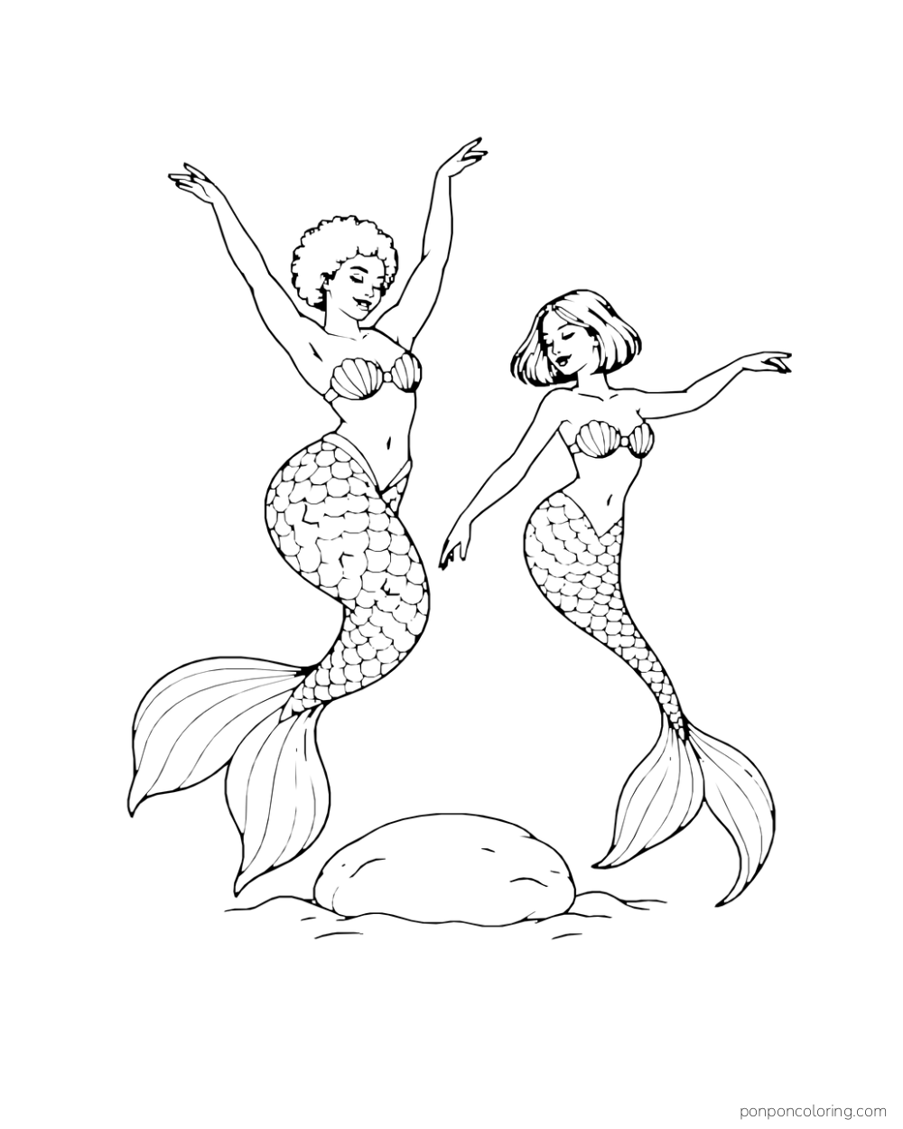 Two mermaids dance on either side of a large central stone.