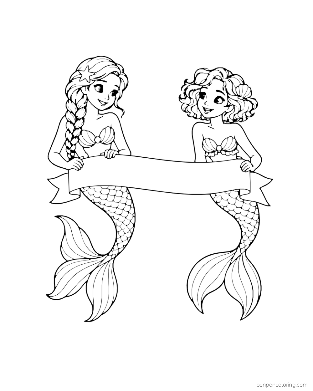 Two mermaids hold a blank ribbon banner between them.