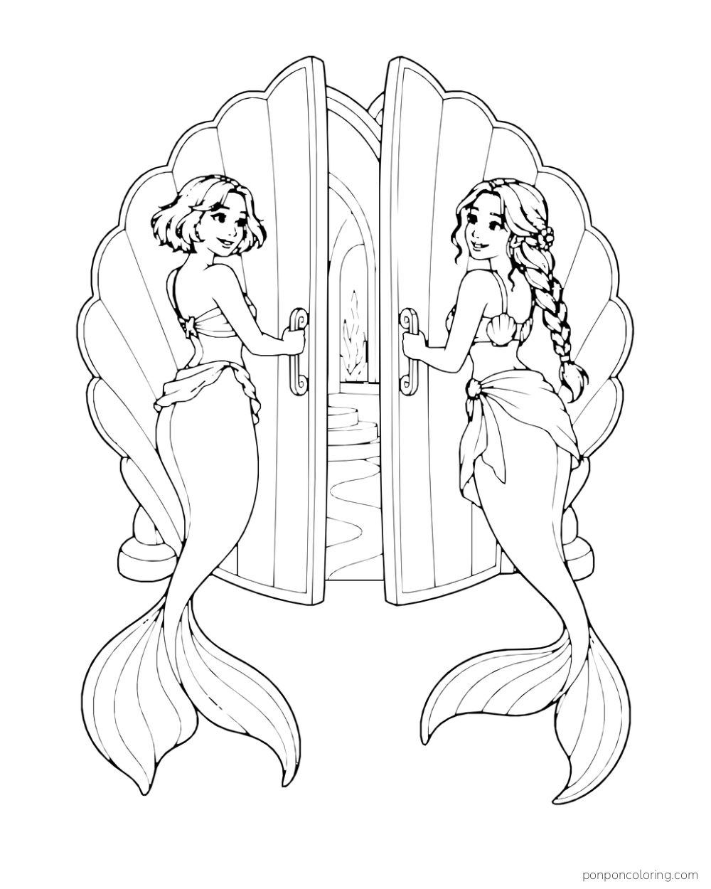 Two mermaid friends pull open a pair of large shell-shaped doors.