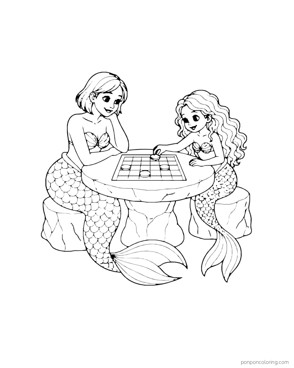 Two mermaids sit across a small table with a simple board and round game pieces between them.