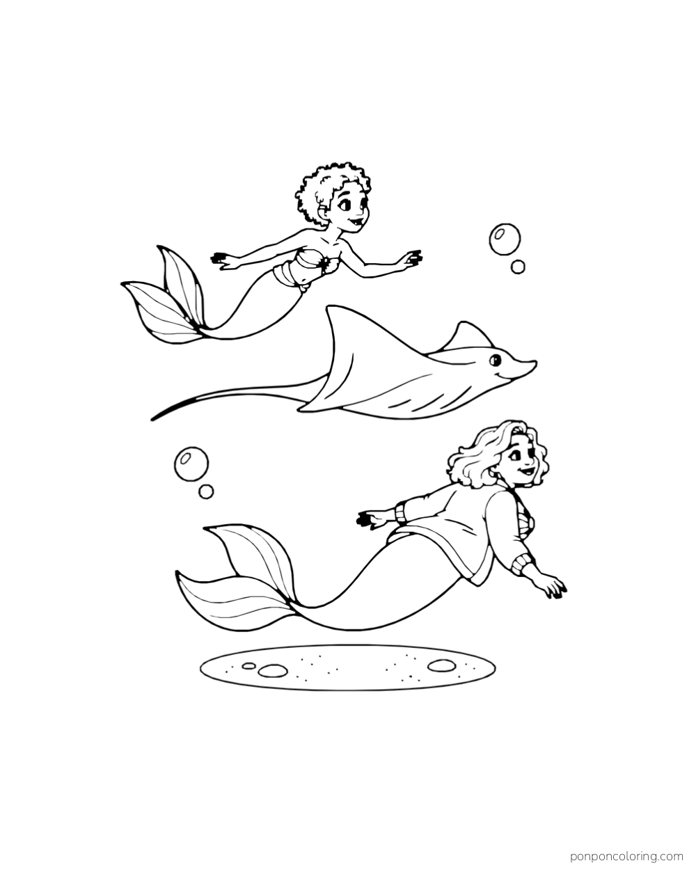 A short-curled mermaid and an older wavy-haired mermaid swim near a broad ray above an oval sand patch with a few bubbles.