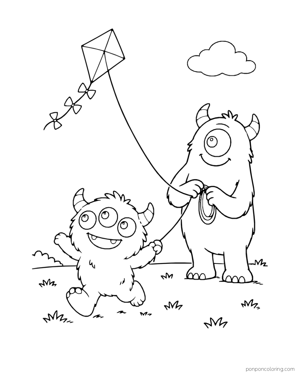 Small three-eyed monster and taller one-eyed monster holding a kite string outdoors.