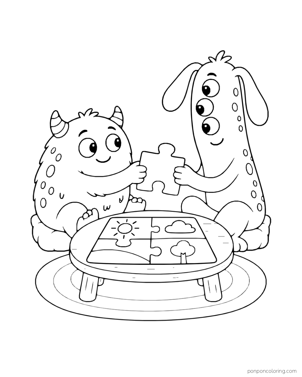 Short round monster passing a large jigsaw piece to a tall three-eyed monster across a low table.
