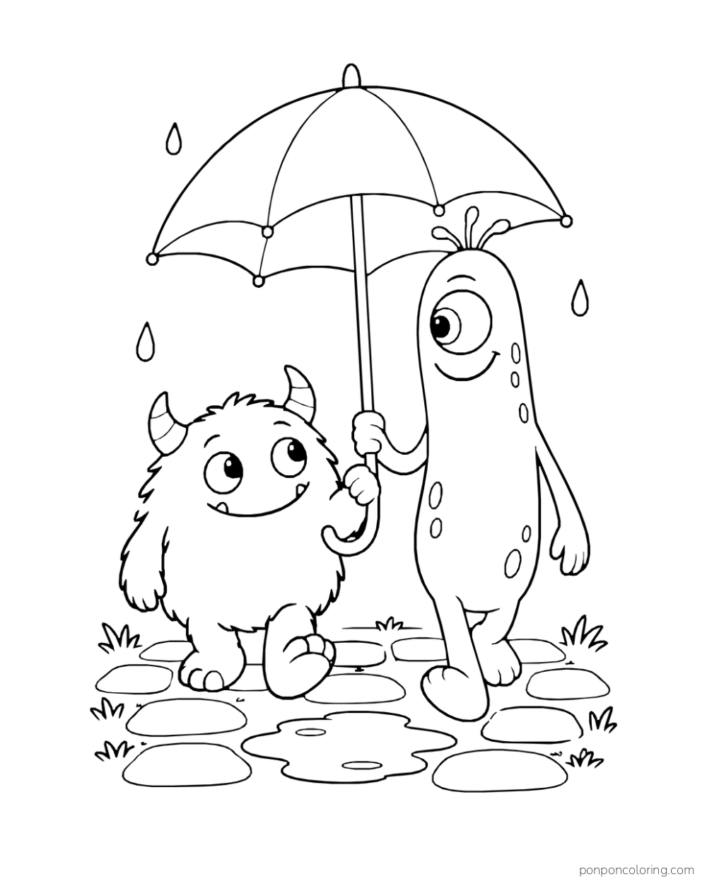 Short round monster and tall one-eyed monster walking together beneath an umbrella in light rain.