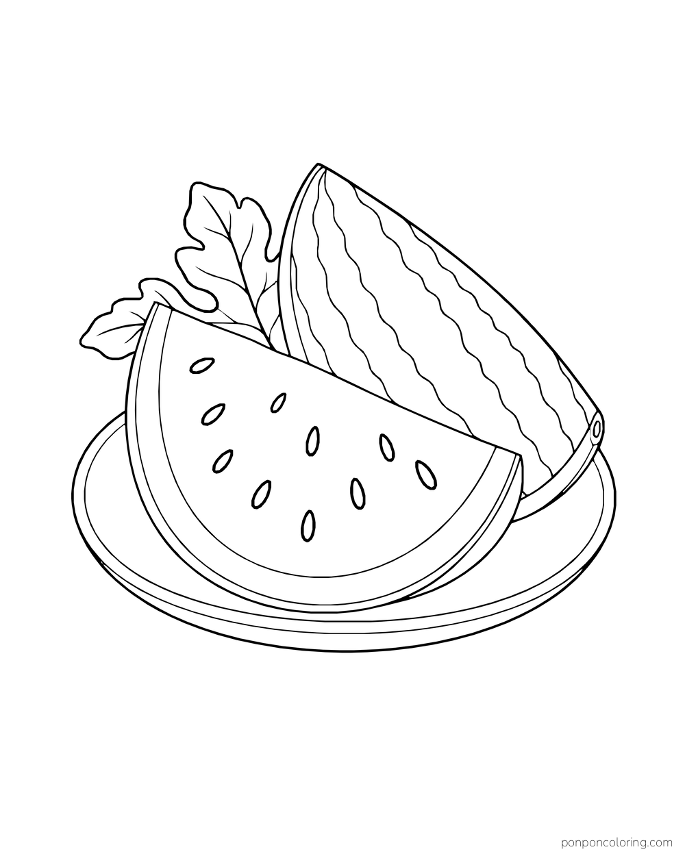 Two overlapping watermelon wedges on a plate, with a vine leaf beside them.