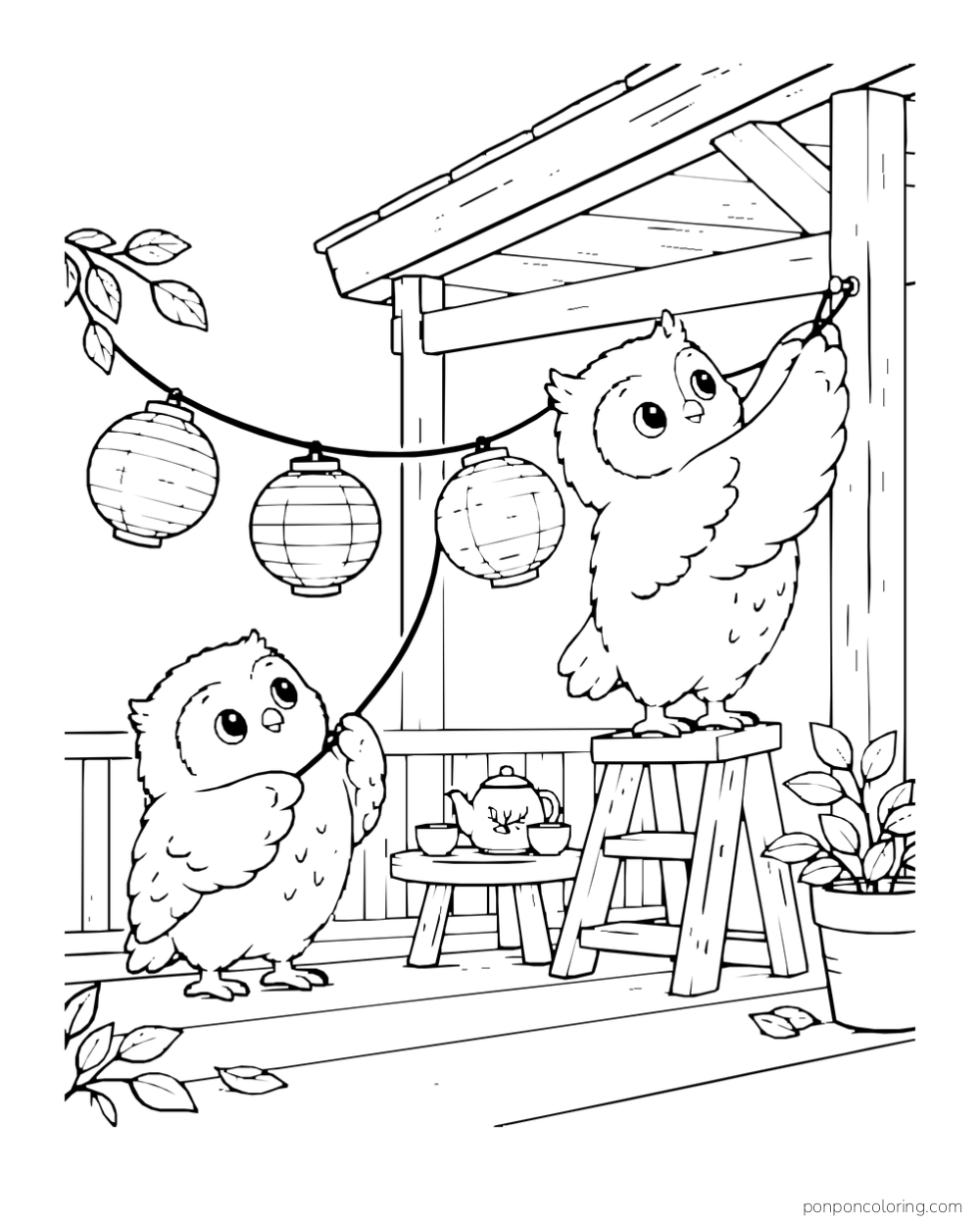 One owl stands on a stool attaching a string of lanterns to a porch beam while another owl holds the line below.