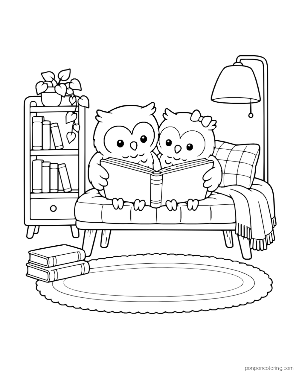Two owls read one large open book on a cushioned bench beside a short bookshelf, trailing plant, and floor lamp.