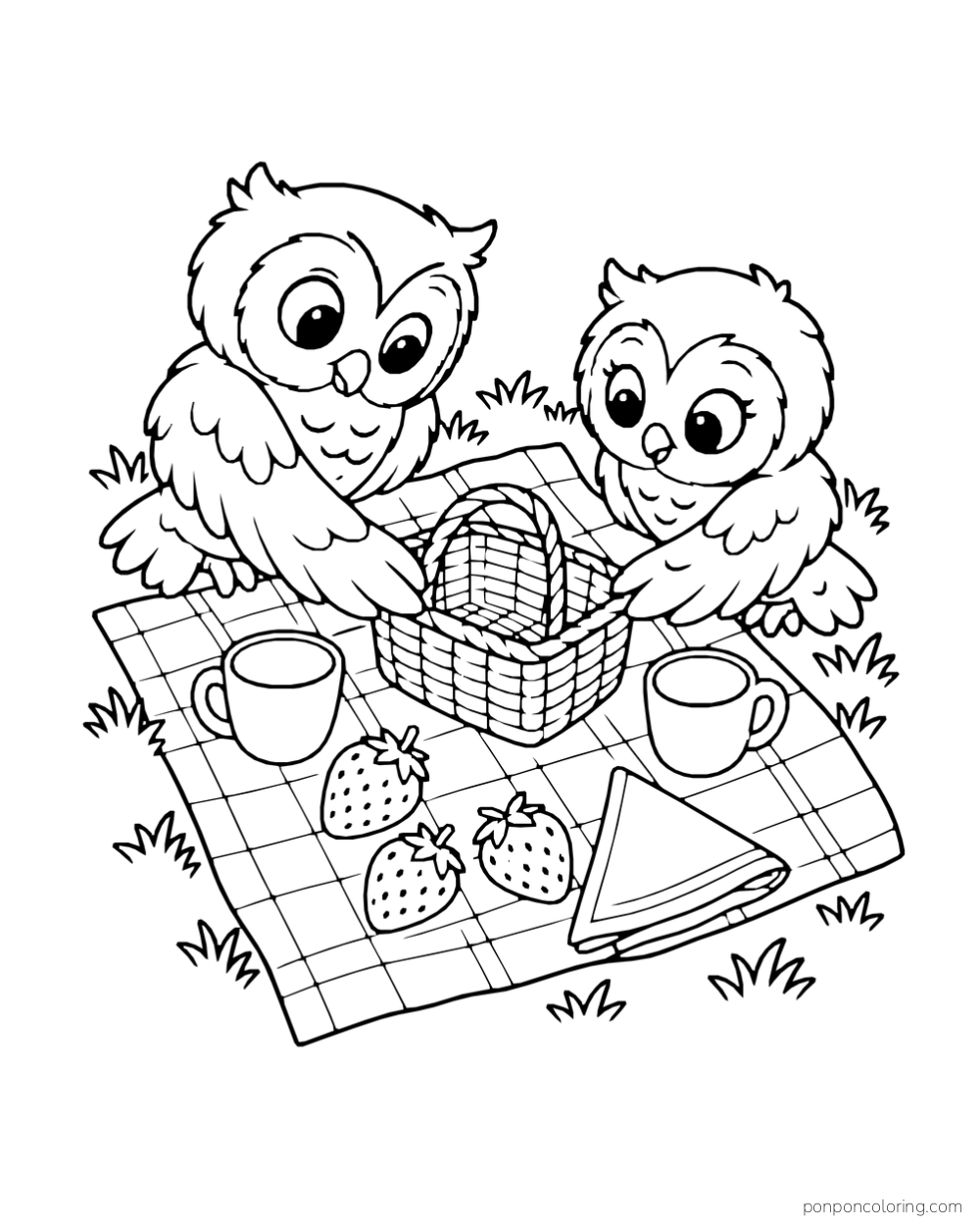 Two owls arrange a basket, cups, strawberries and a folded napkin on a picnic blanket.