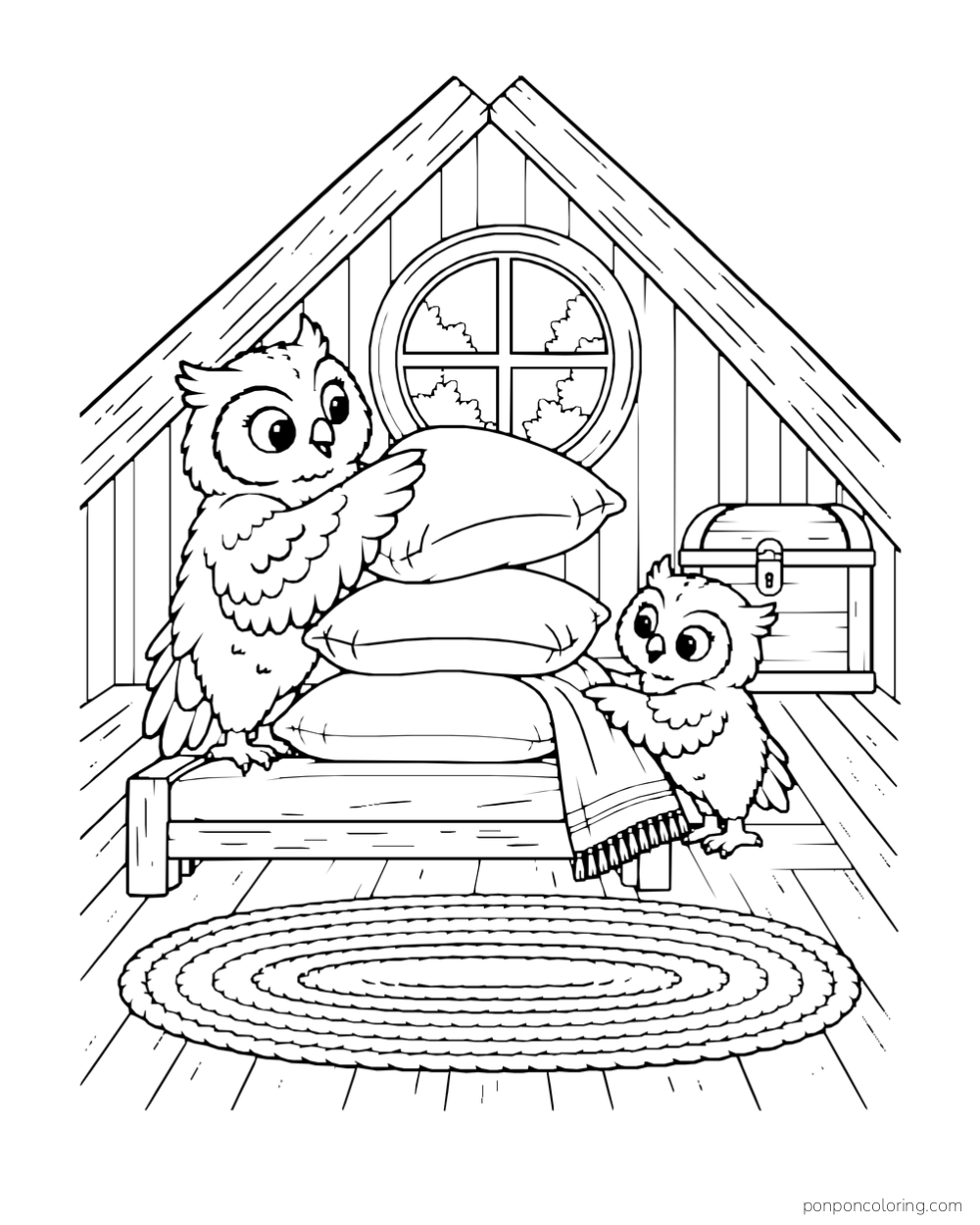 Two owls stack pillows on a low daybed inside an attic nook.