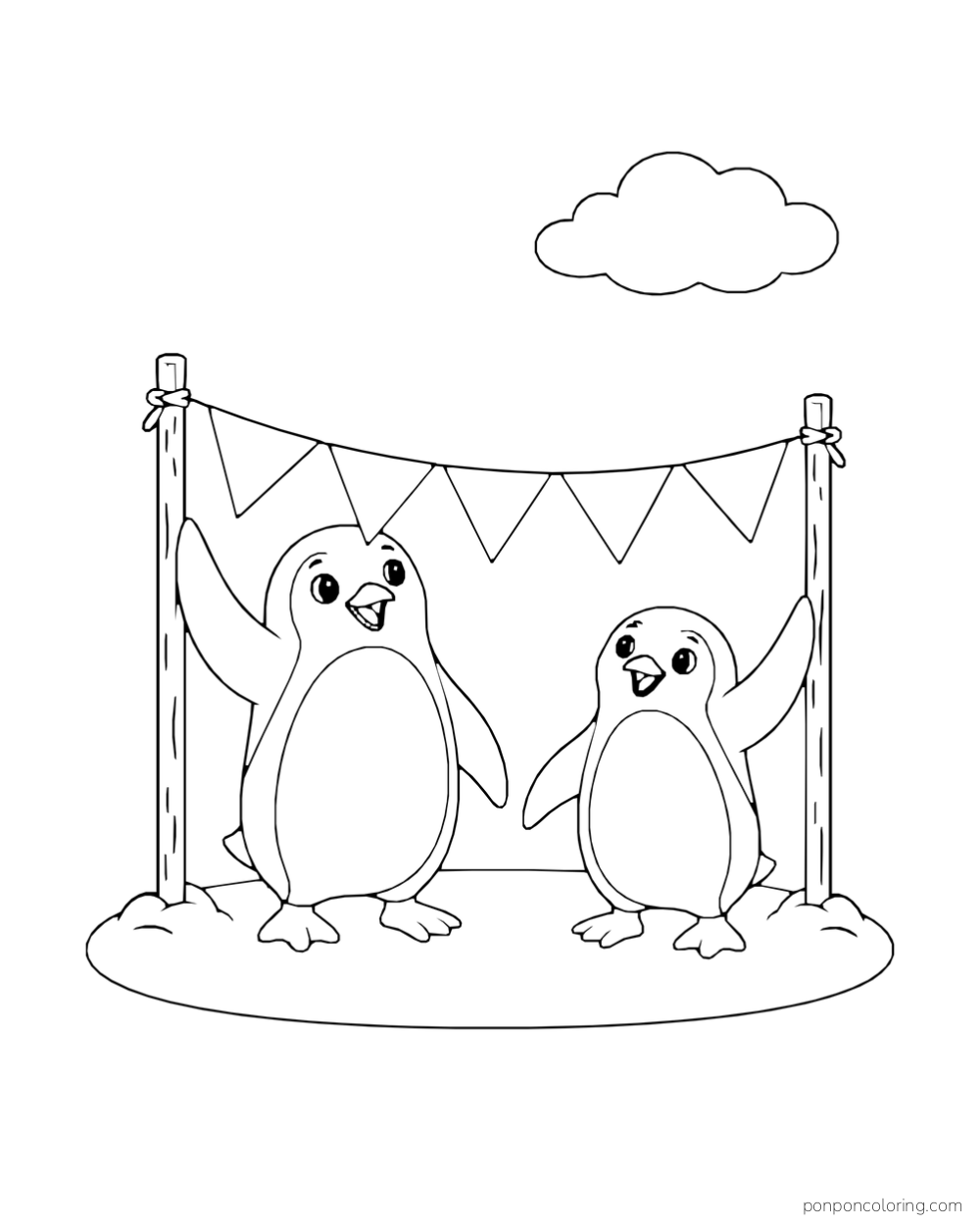 Two penguins stand beneath triangular bunting strung between wooden poles on a snow patch.