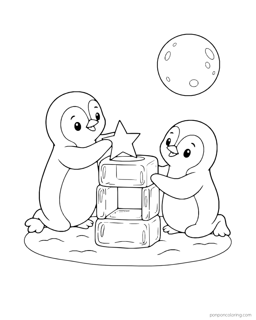 Two penguins steady stacked ice blocks as one places a star on top.