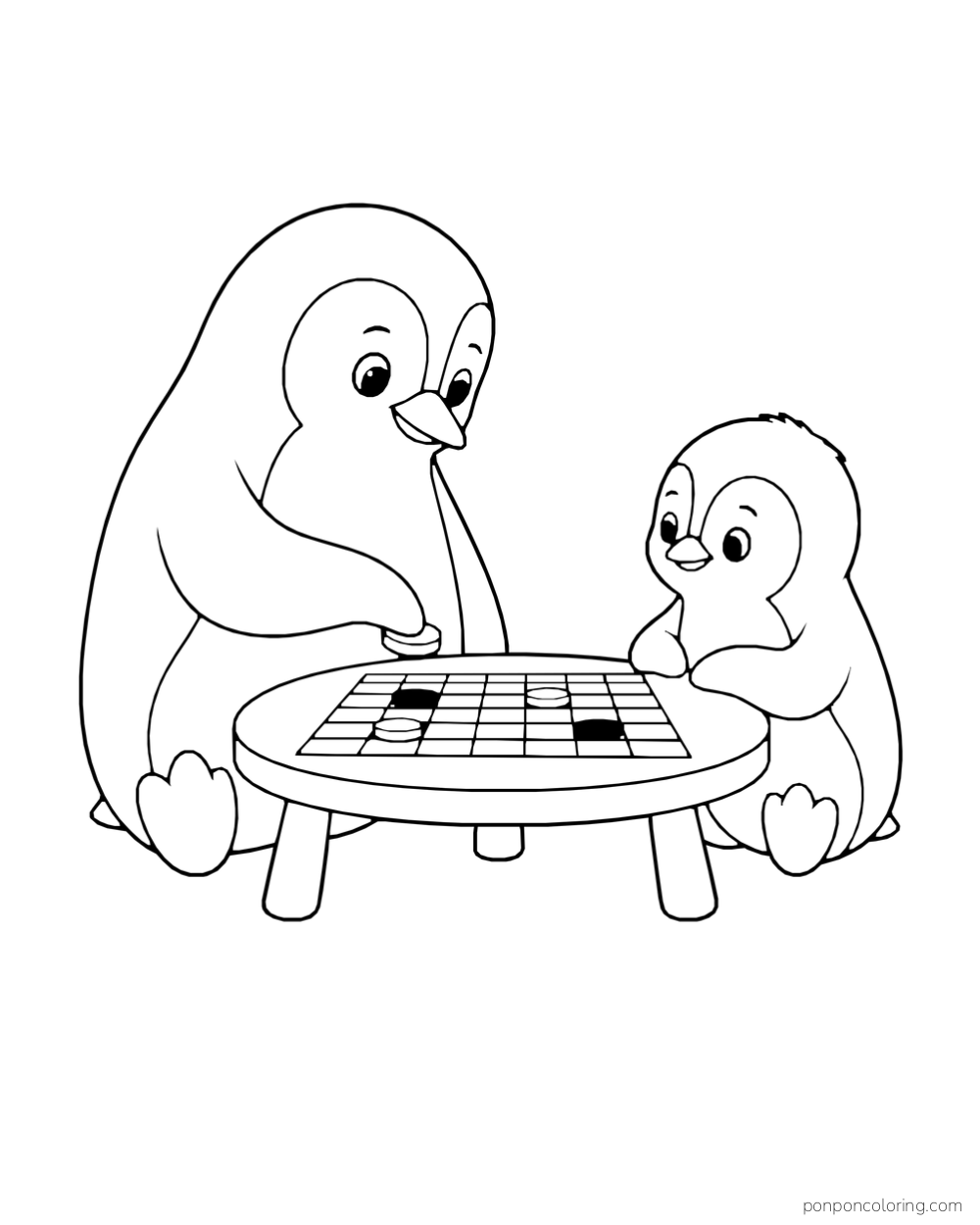 Two penguins sit across a round table with a checkerboard and playing pieces.