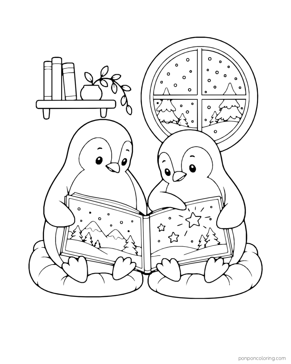 Two penguins sit together holding an open picture book with mountain and star drawings.