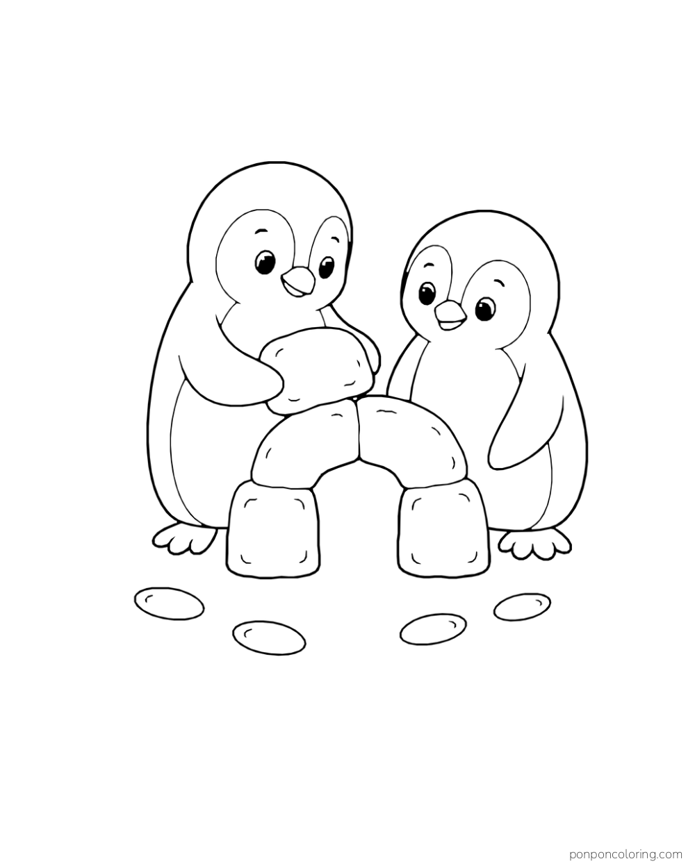 Two penguins stack snow blocks into a low arch with a small opening.