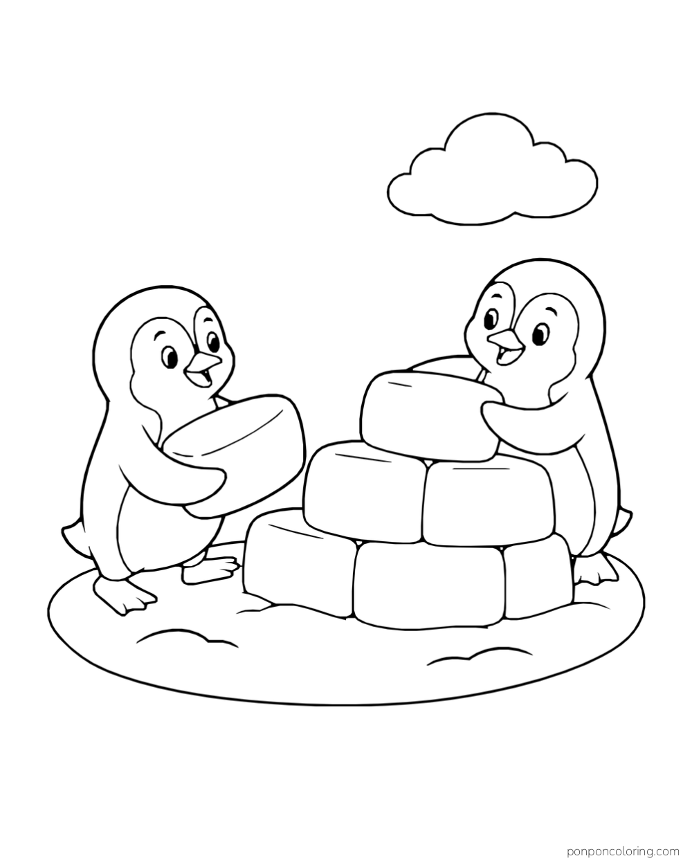 Two penguins place rounded snow blocks into a small wall beneath a cloud.