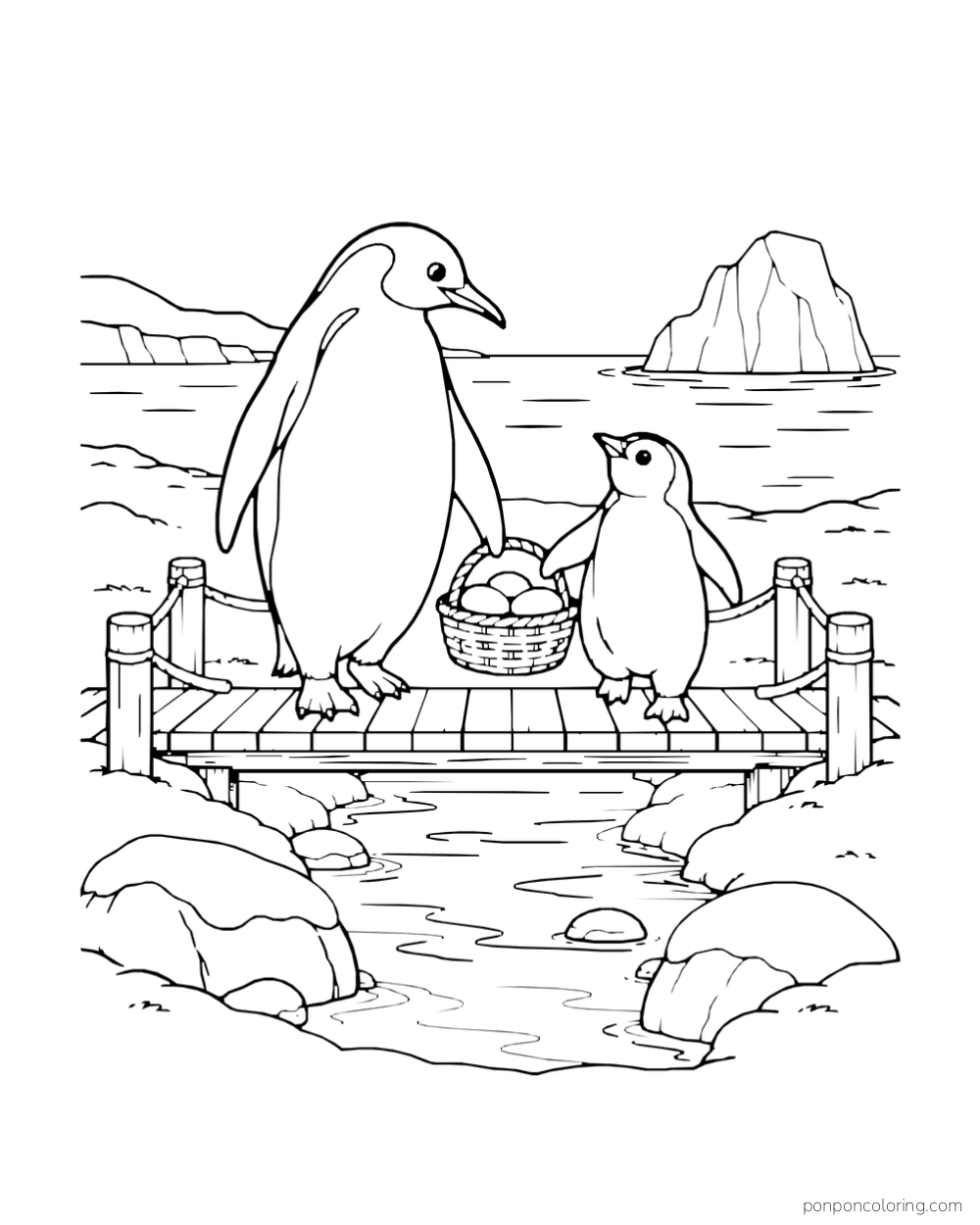 A tall penguin and a smaller penguin stand on a wooden bridge with a basket of round objects between them.