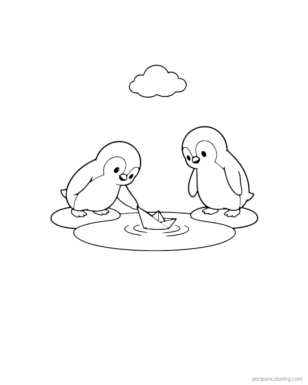 Two penguins stand beside a shallow puddle where a folded paper boat floats.