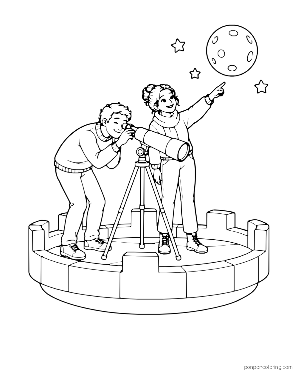 Two people on a castle tower terrace, one looking through a telescope and the other pointing toward a moon and three stars.