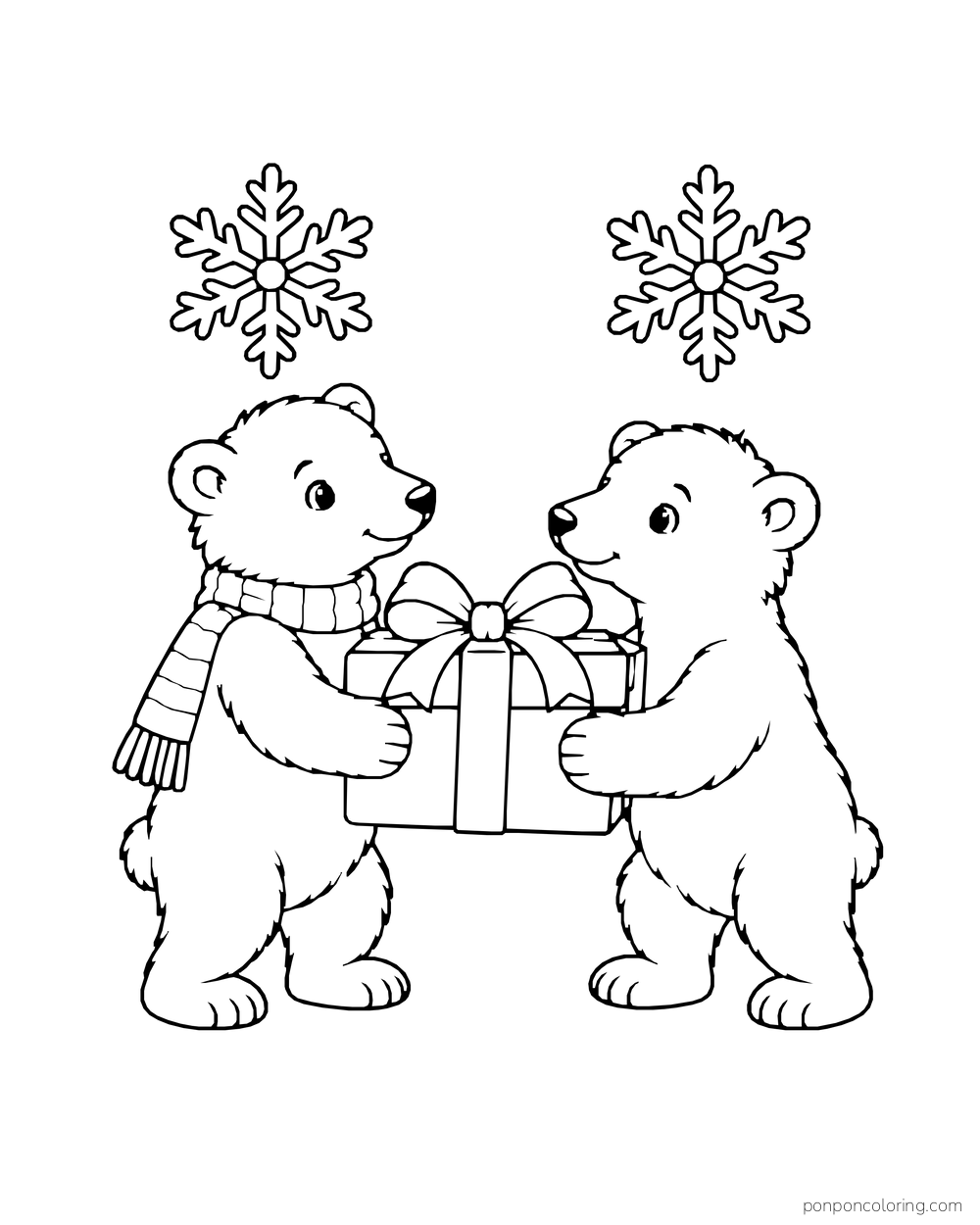 Two polar bear cubs stand together holding a wrapped parcel between them.