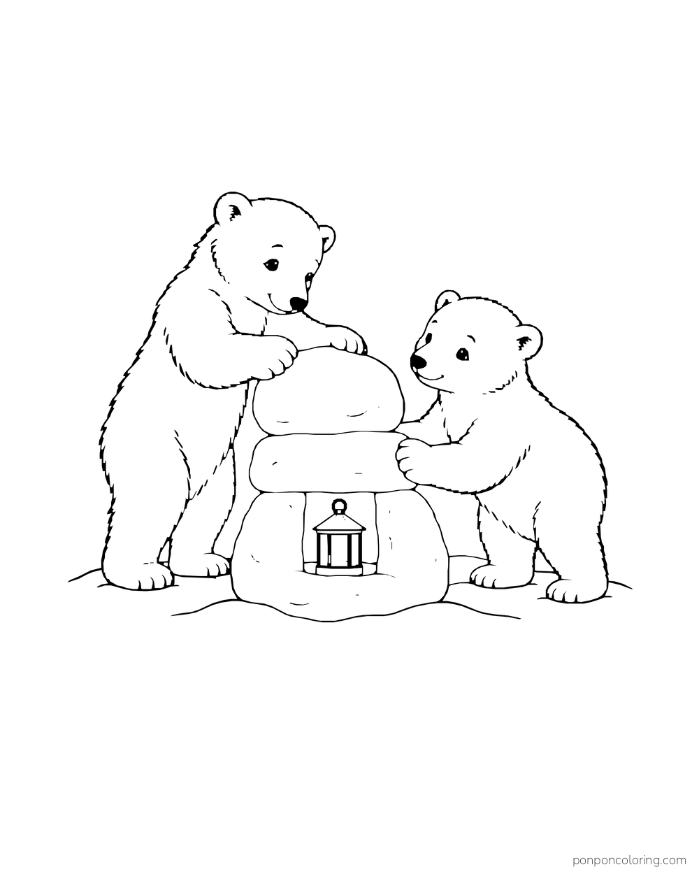 Two polar bear cubs pile snow beside a lantern on an open snow patch.