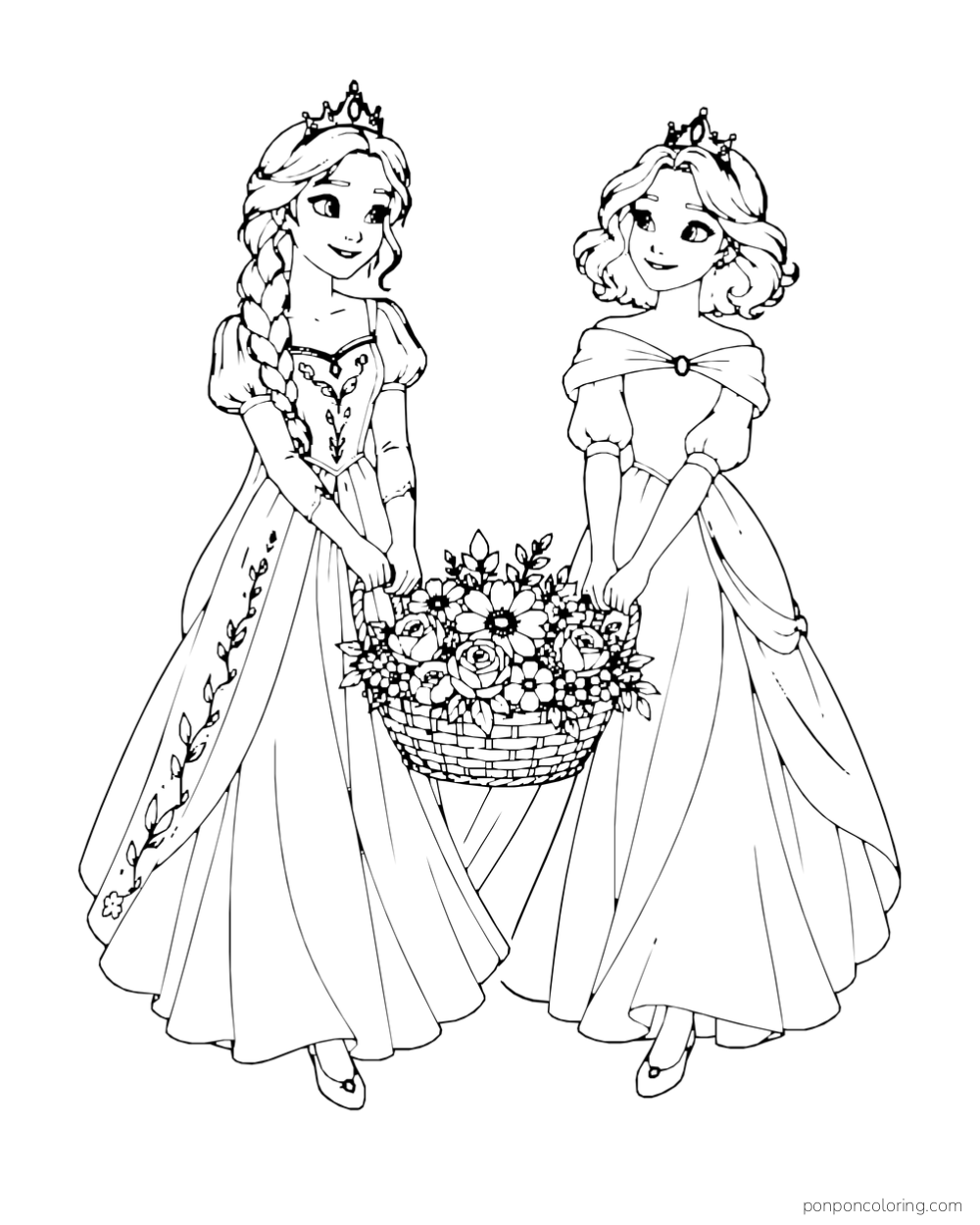 Two princesses carry a large flower basket between them.