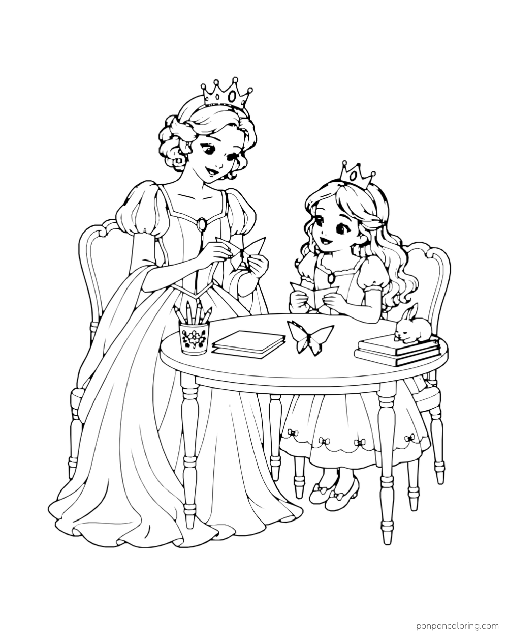 An adult princess and a younger princess fold paper at a round table with books and pencils.