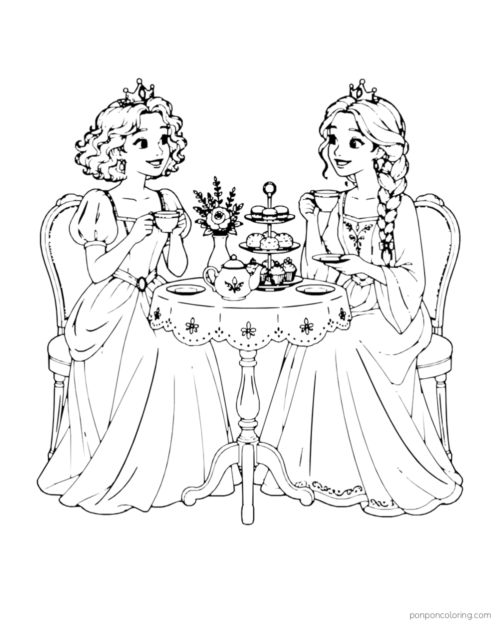 Two princesses sit at a round tea table with a tiered plate of treats and a small vase.