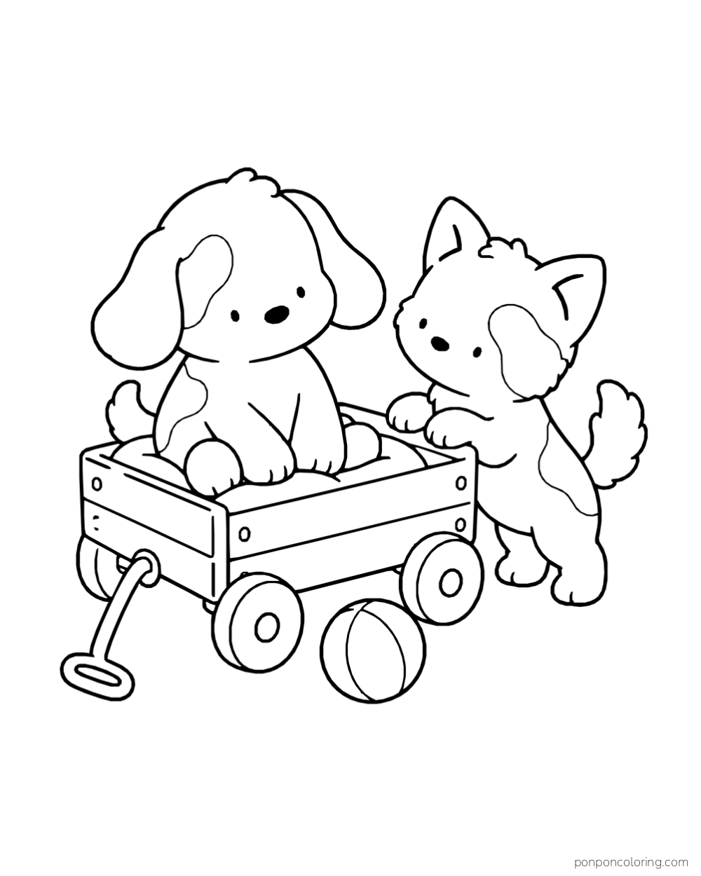 A floppy-eared puppy sitting in a toy wagon while a pointy-eared puppy rests its paws on the rim, with a ball in front.
