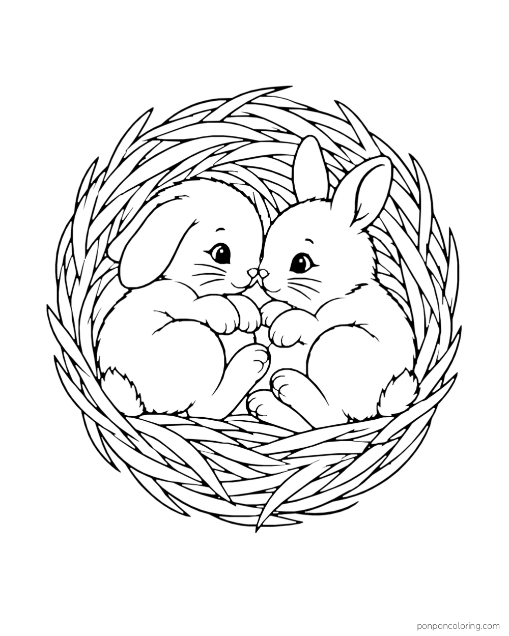 Two baby rabbits curl nose to nose in an oval nest of woven grass.