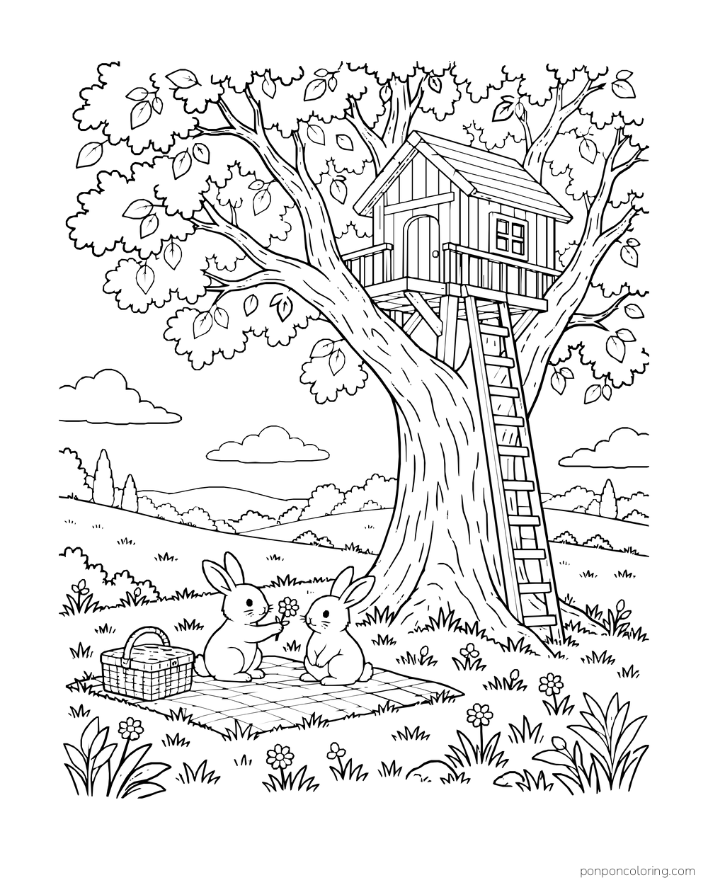 Two rabbits sit on a picnic blanket below a treehouse beside a closed basket.