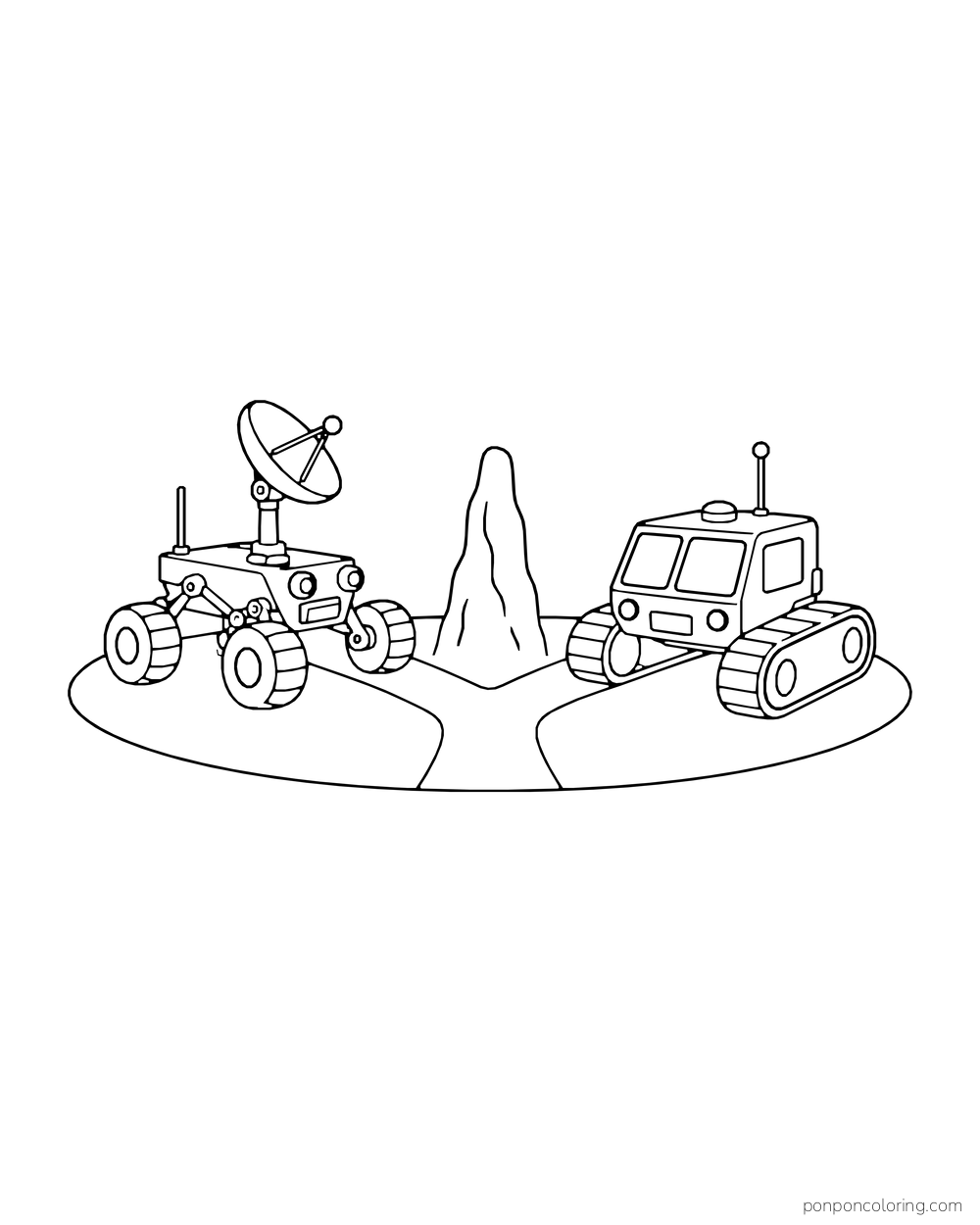 A wheeled rover and a tracked rover face each other across a fork near a rock spire.