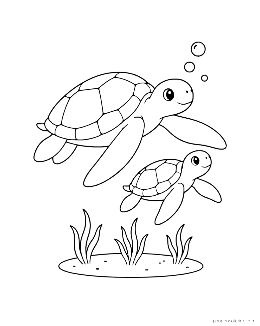 A large sea turtle and a smaller turtle swimming above three tufts of seagrass, with bubbles overhead.